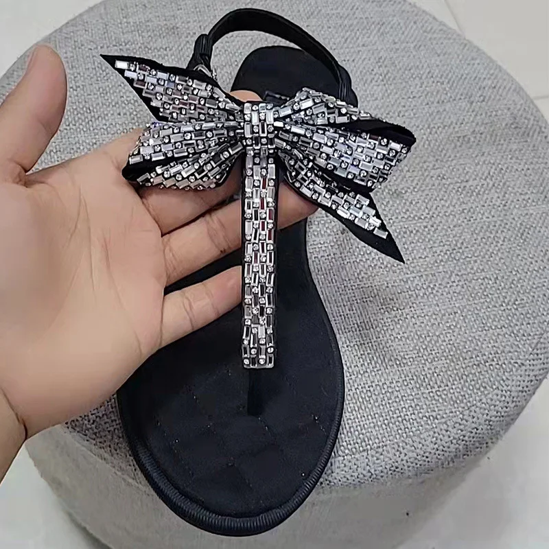 Comemore New Rhinestone Bow Thong Flat Sandals and Slippers Flip Flops for Summer Women Shoe 2023 Women\'s Luxury High Heel Shoes