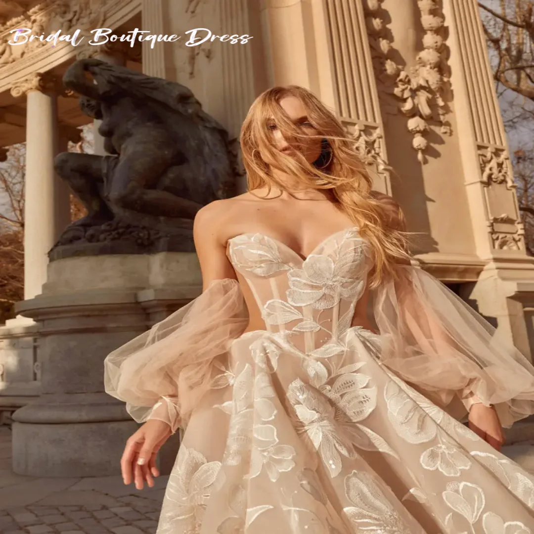 Robe de mariée trapèze élégante personnalisée, manches bouffantes, traîne Court, dentelle brodée, robe de soirée de mariage, robe de bal