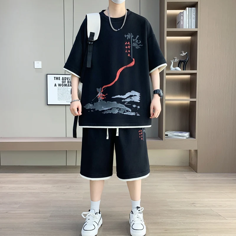 

Summer New Men Tracksuits Fashion printed Short Sleeve T Shirt Shorts 2 Piece Sets Casual Trend Sport set