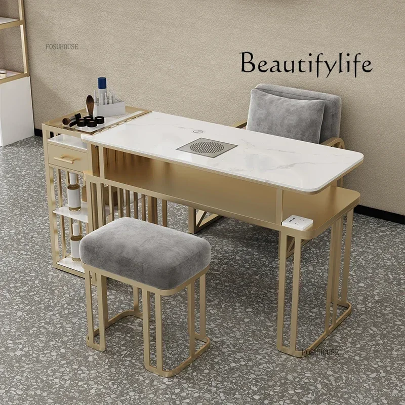 

Modern Nail Tables and Chair Set with Vacuum Cleaner Marble Professional Manicure Table with Socket Light Luxury Salon Furniture