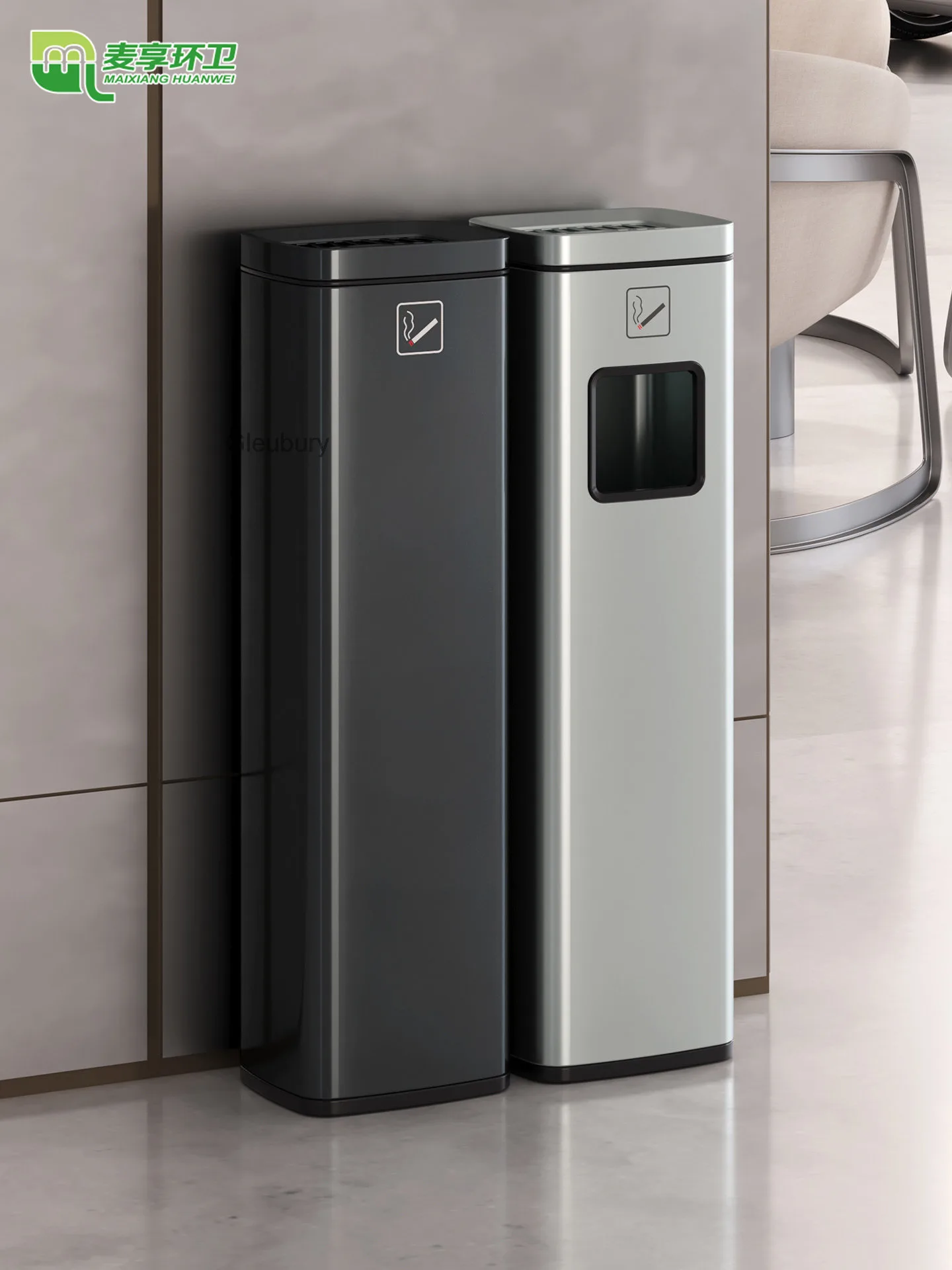 Stainless steel trash can with ashtray, suitable for hotel lobbies, elevator entrances, and outdoor commercial use as a smoking