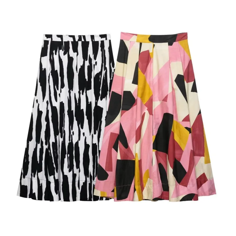 

HipSeam Print Midi Skirt for Women Summer Causal High Waist Women's Skrits Female Concealed Zip Pleated Shirts