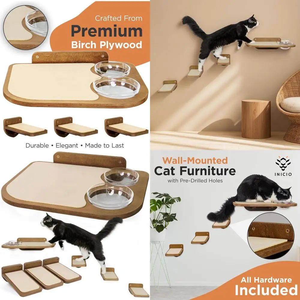 

Настенная 3-ступенчатая полка для кошек весом до 7 кг, со встроенной миской для корма - коричневая