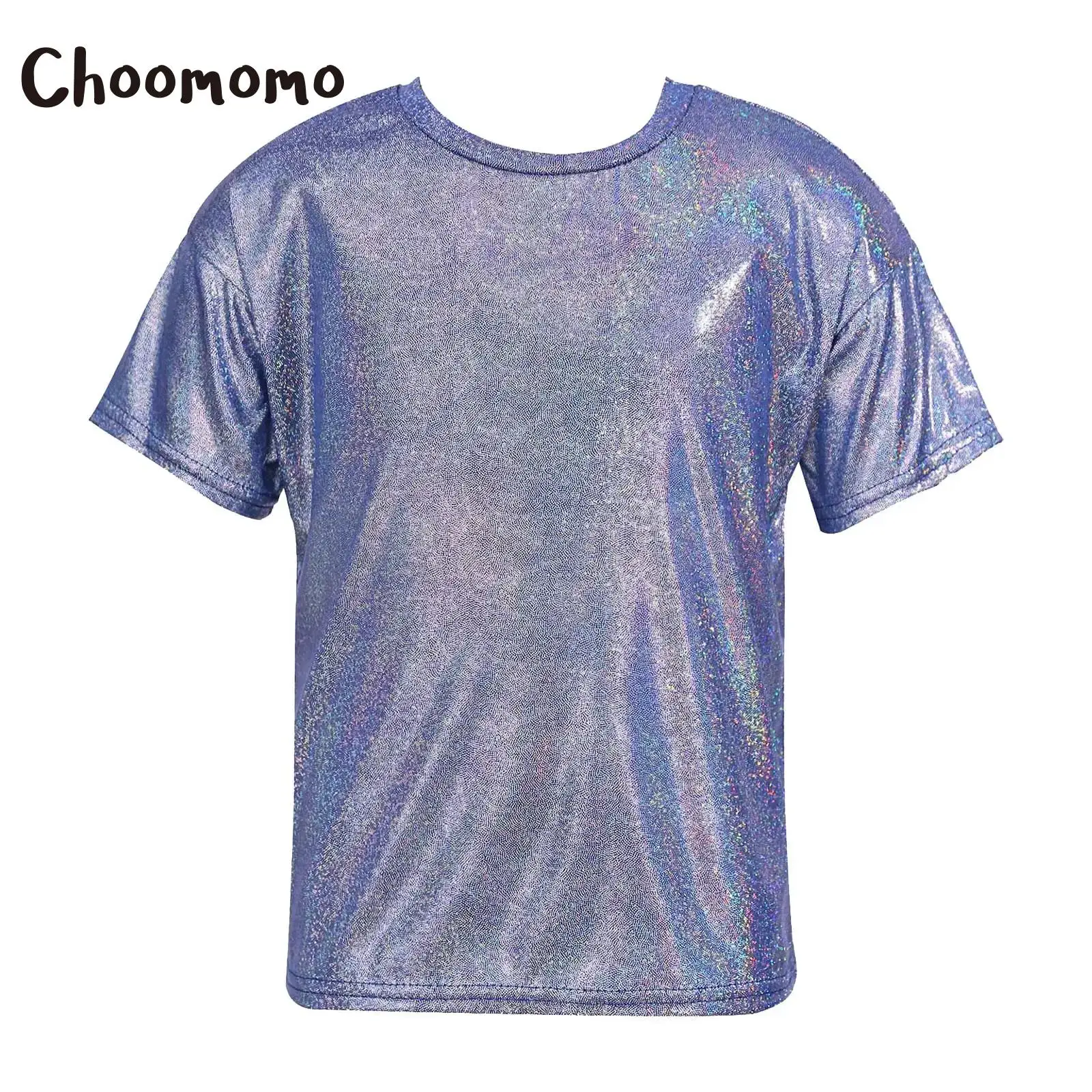 

Детская голографическая футболка для мальчиков и девочек с металлическим блеском и коротким рукавом, блузка в стиле джаз и хип-хоп для современных танцев, рубашки, костюм для выступлений в стиле хип-хоп