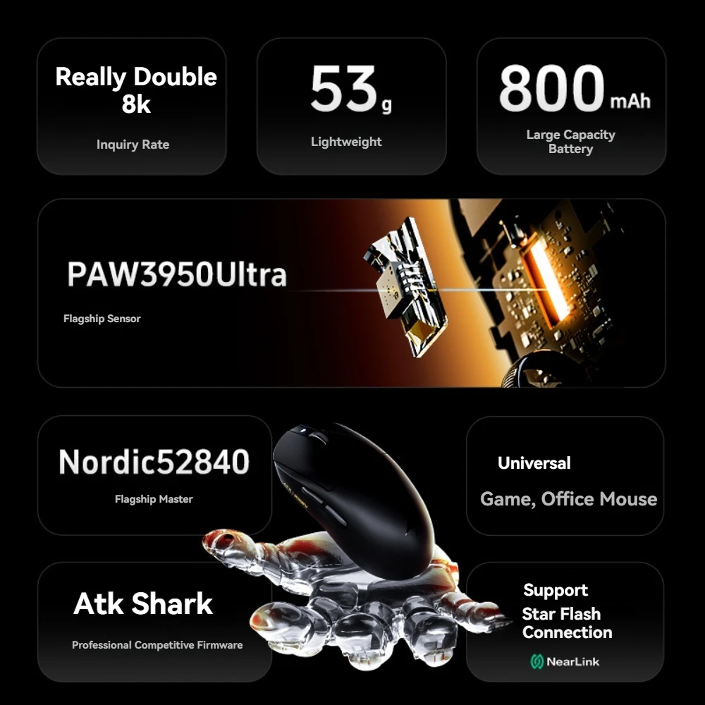 ماوس ألعاب ATK Dragonfly A9 لاسلكي مزدوج 8K معدل إرجاع 30000 ديسيبل متوحد الخواص PAW395O ماوس FPS خفيف الوزن مخصص وأداء مريح