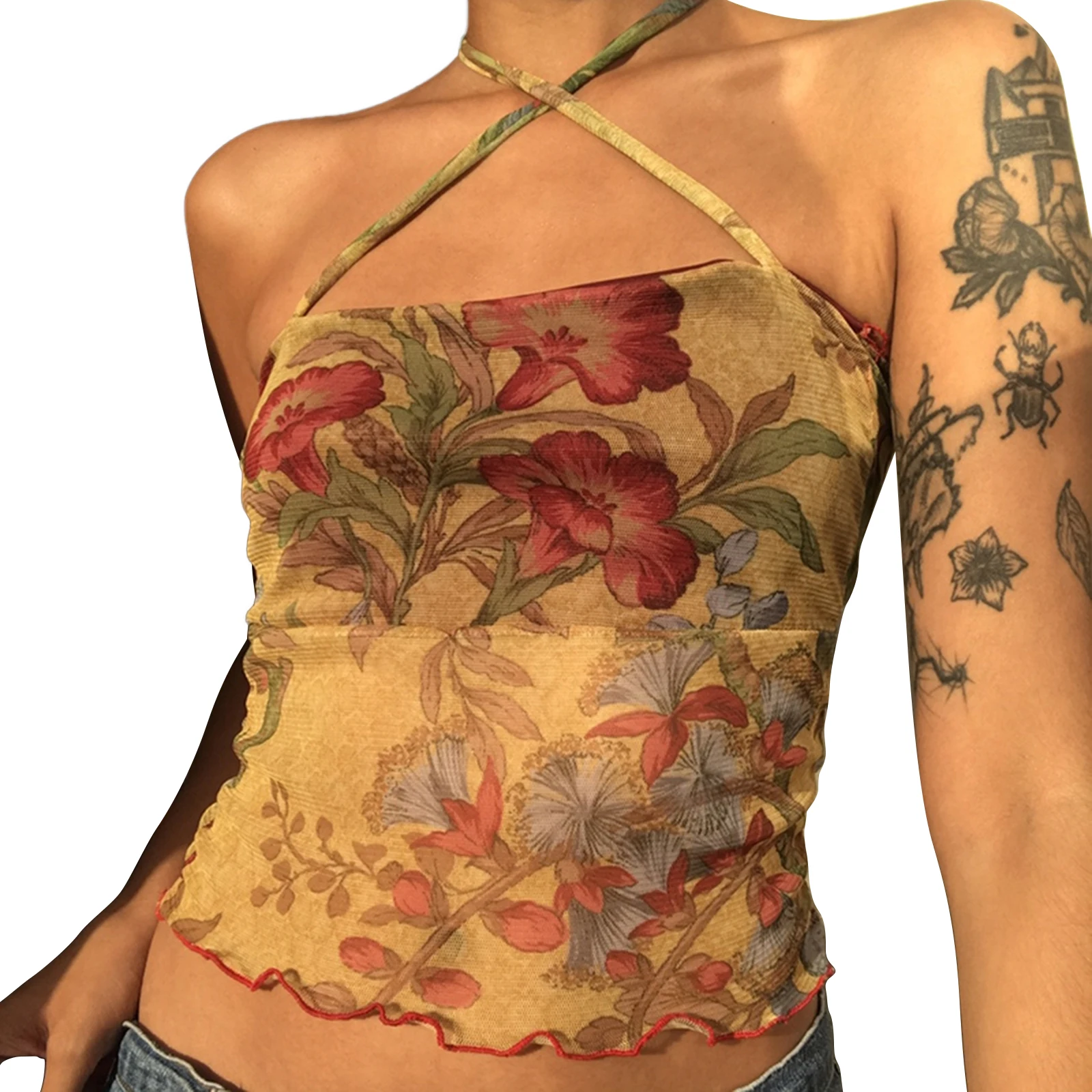 Ladies Aesthetic Summer Sexy Midriff-baring Camisole, Floral Printing Stringy Selvedge Hem Hanging Neck Sleeveless Mesh Tops