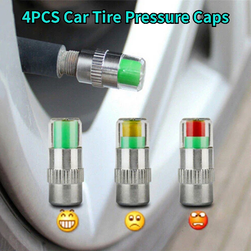 4PCS Car Tire Pressure Caps, Tire Valve Cap with Pressure Indicator Tyre Pressure Monitor Valve Caps Air Alert Auto Accessories