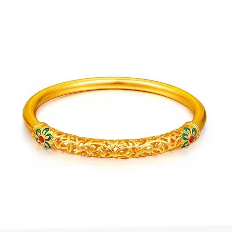 9999 real gold 24K yellow gold Dunhuang inheritance auspicious blessing enamel bracelet carved hollow lady bracelet