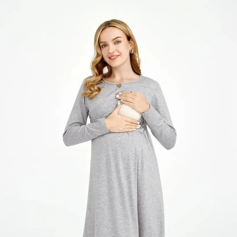 

Ladies' Spring Summer Casual Solid-colored Long-sleeved Maternity Dress With Round Neck A-line Shape Nursing Function
