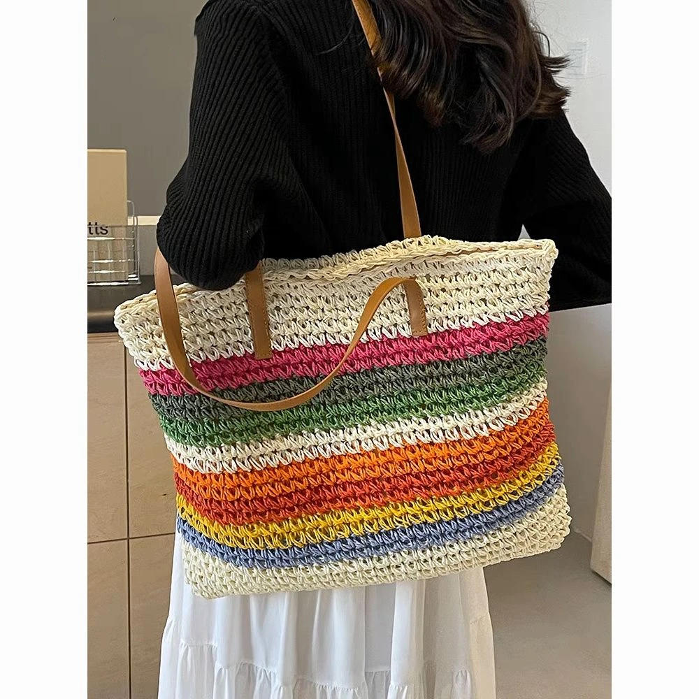 حقيبة قش خفيفة الوزن مع أشرطة تصادم قوس قزح ، منسوجة يدويًا ، حقيبة كتف كاجوال ، مائة عطلة على شاطئ البحر #5