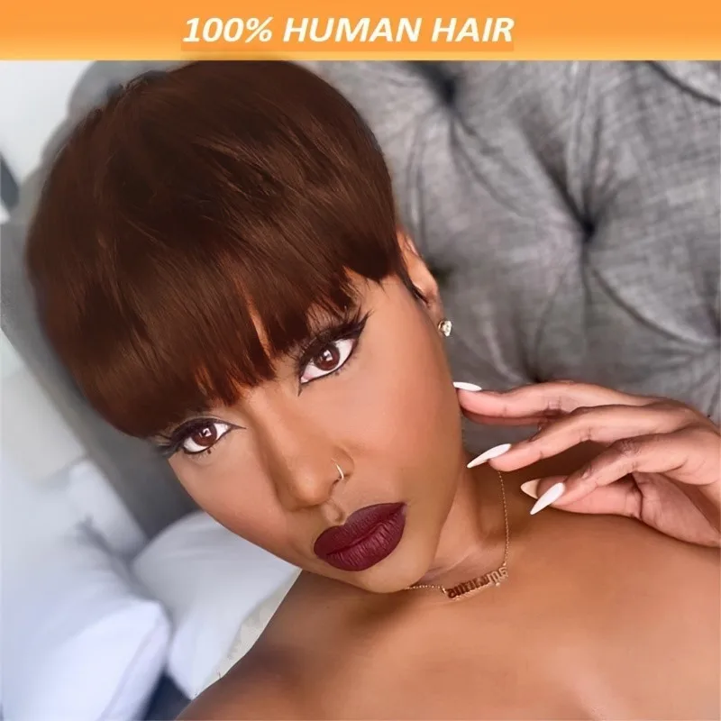 

6inch 4/99J/natural black color 150% density machine made pixie human hair wig for women straight short pixie remy wig
