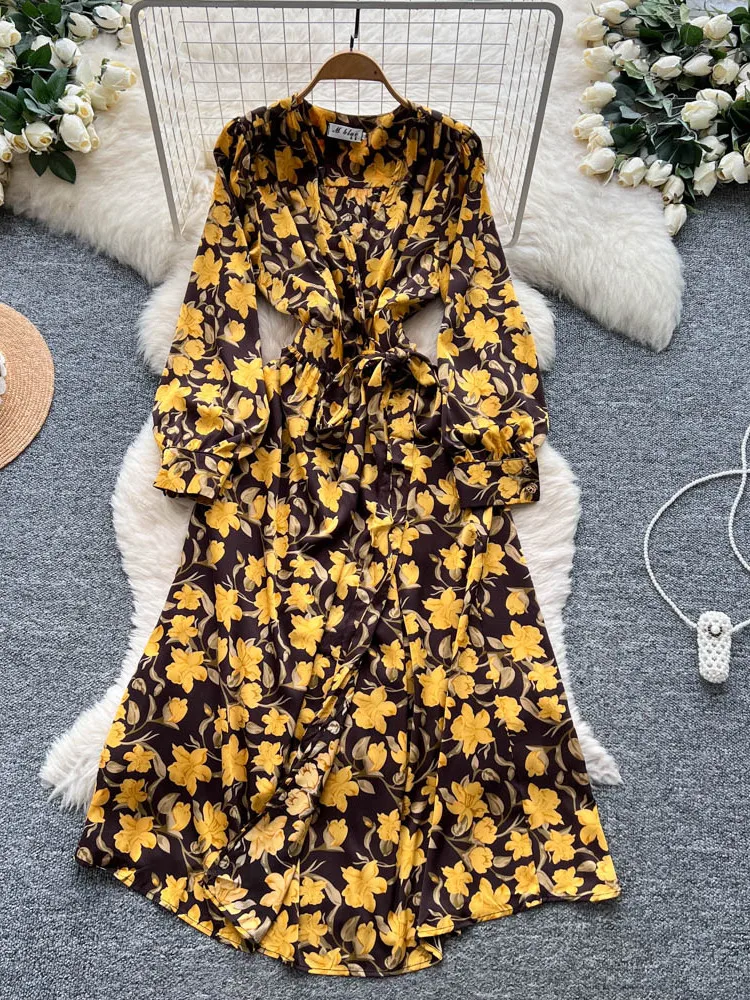 Ele V-Ne Long Sve Print Satin Wrap Waist Dr Women's Autumn Season High Waist A-Line Dr Ci Commute Sle