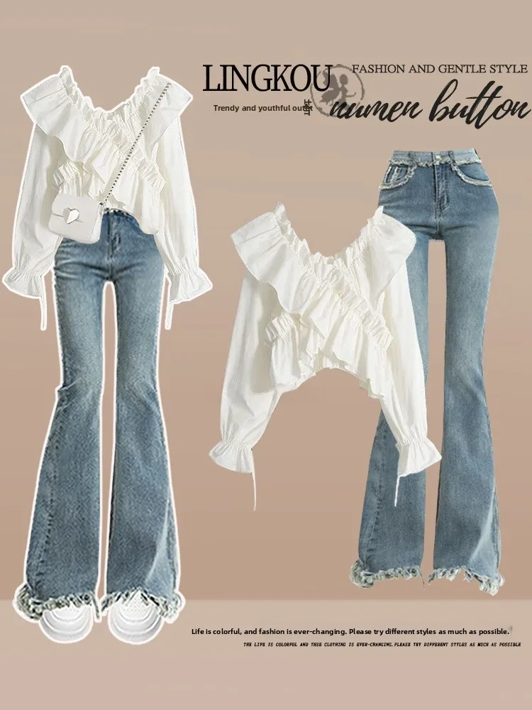 حجم كبير المرأة لينة الرغبة النقية الدنيم متوهج عالية الخصر التخسيس الربيع Faion قطعتين مجموعة طويلة Sve V-Ne #1