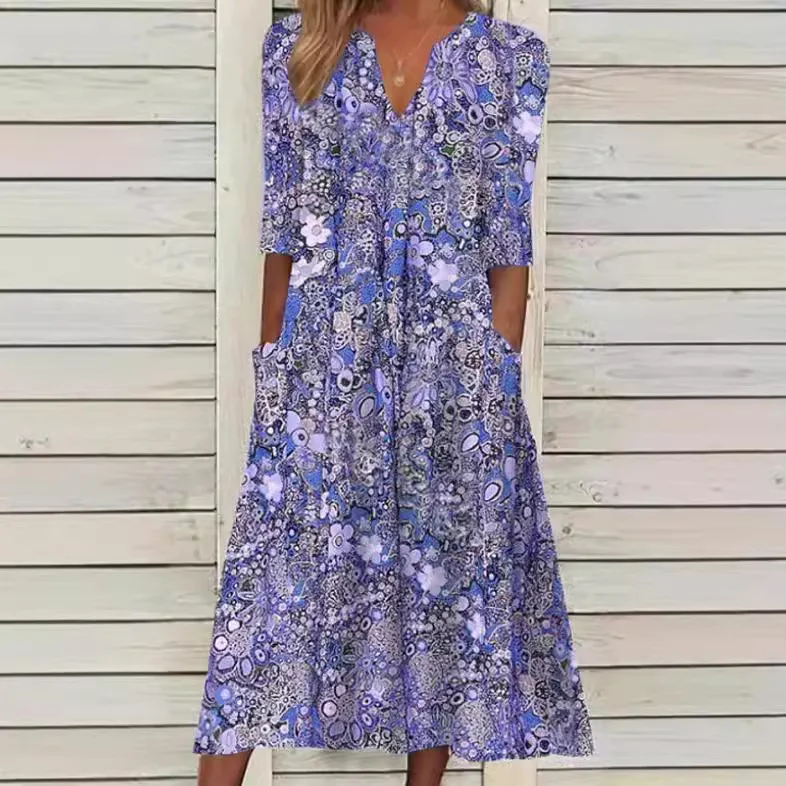 Vestido Midi con estampado Floral para mujer, traje informal de media manga con cuello en V y bolsillo, ideal para vacaciones y playa, otoño y primavera