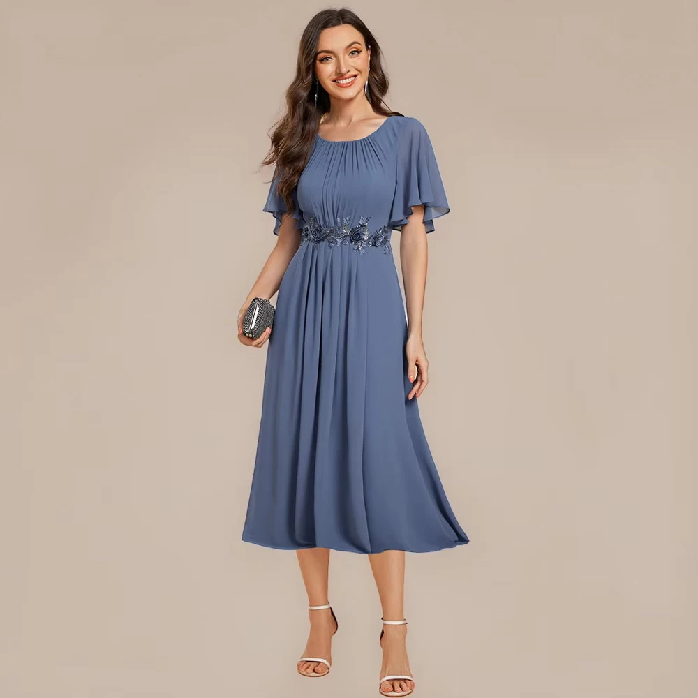 BAZIIINGAAA Party Dress Short Sleeve Ruffle A-Line Midi Dress with Floral Appliques Evening Dresses