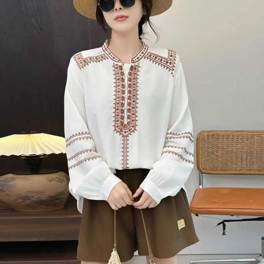 

Japanese Vintage Mori Girl Ethnic Style Embroidered Cotton Shirts Women Spring Autumn Stand Collar Long Sleeve Casual Blouse