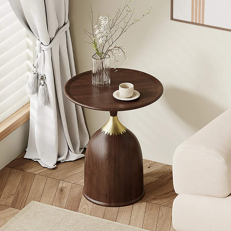 Walnut Color Side Table Italian Minimalist Round Coffee Table  Light Luxury Sofa Table Small Carbon Steel  Desk