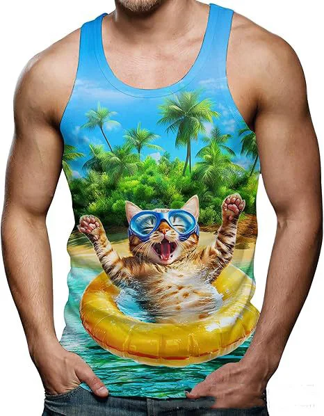 Funny Shark Cat 3D Print Tank Tops Men's Summer Oversized O-Neck Vest Fitness Gym Streetwear Sleeveless Beach Tops Men Clothing view 4