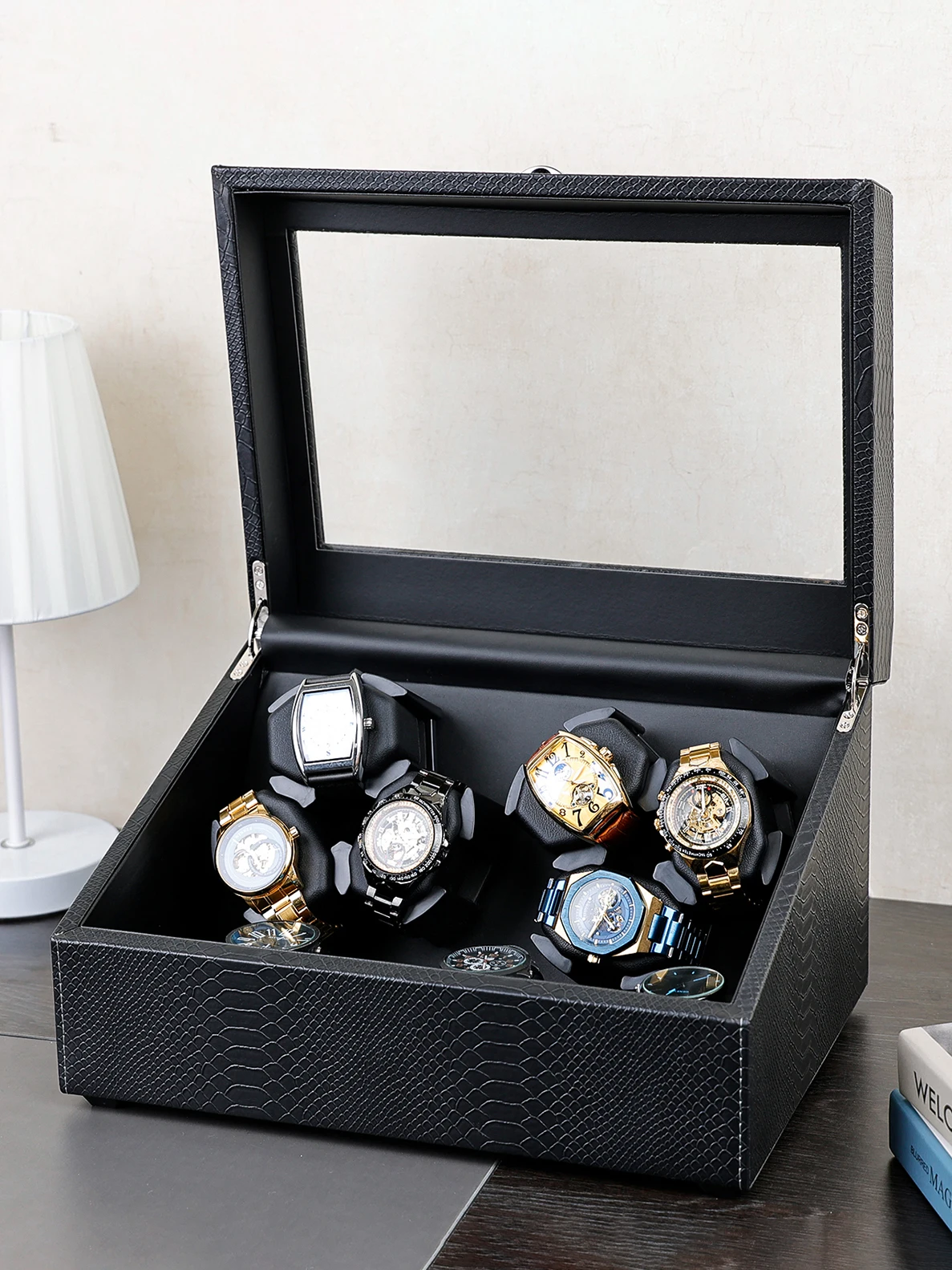 Fully Automatic Watch Winder Snakeskin Style 6+6 Slot Blue LED Light Automatic Winding Box
