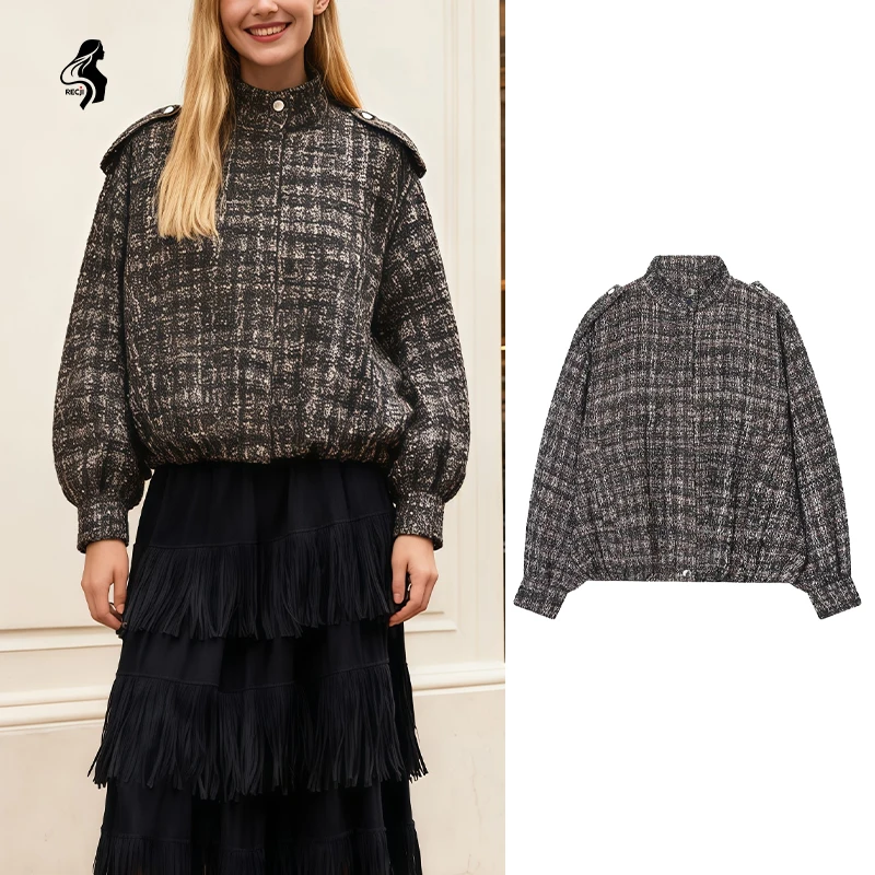 

Women's Casual Tweed Plaid Jacket, Stand Collar Long Sleeve Button-Front Coat, Comfortable Stylish Outwear for Autumn Winter