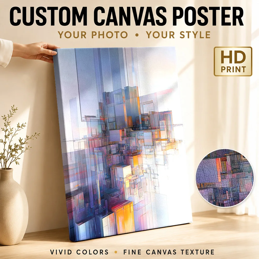 Layered Cityscape Canvas Poster Customized Photo Modern Geometric Composition Wall Art For Loft Living Room, Design Lover Gift