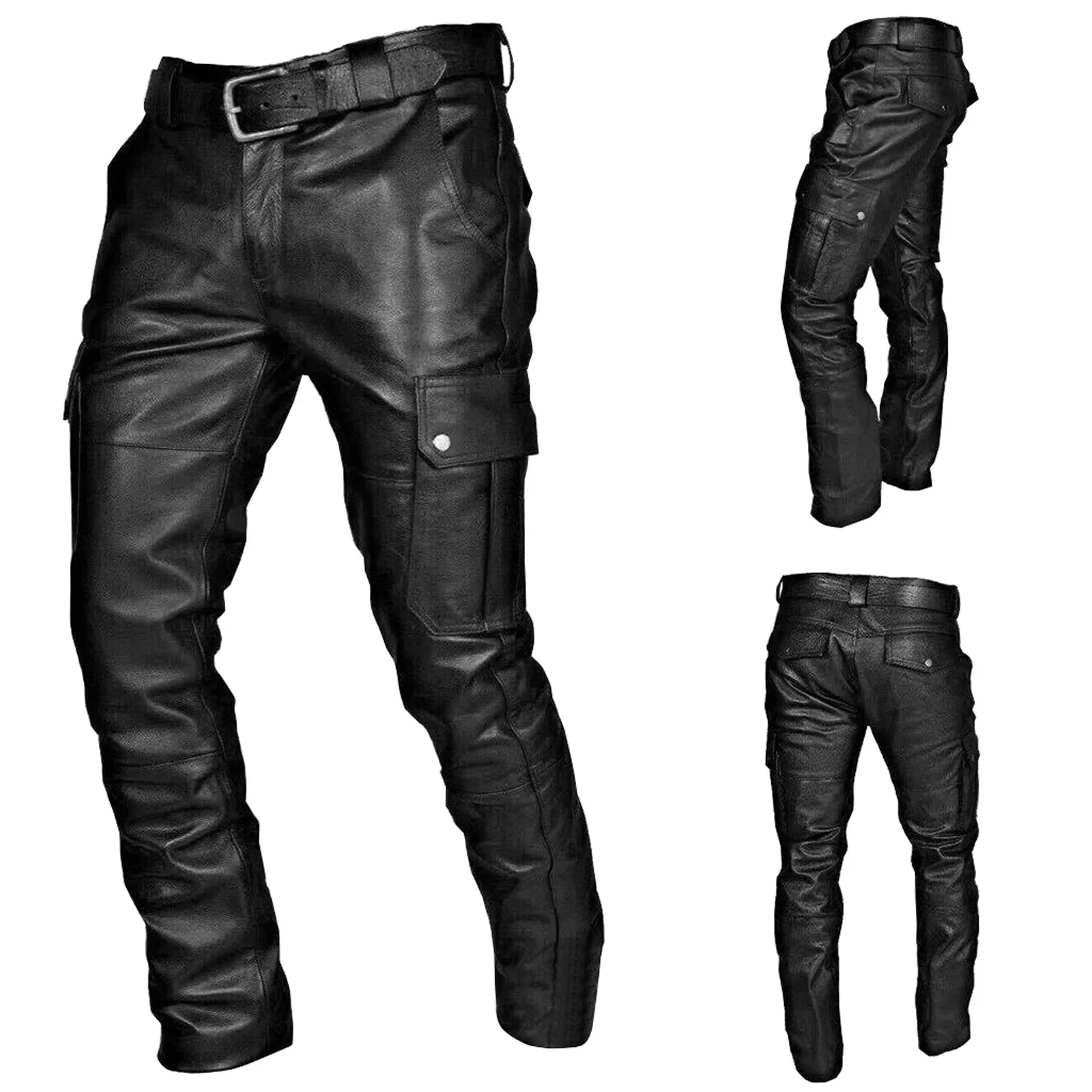 

Mens Punk Pants Casual Solid Color Straight Leg Retro Goth Pants Trousers Men Home Pants Men's Leather Motorcycle Pants