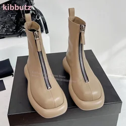 Thick Bottom Front Zipper Ankle Boots Height Increasing Round Toe Solid Luxury Leather Fashion Elegant British Style Women Shoes