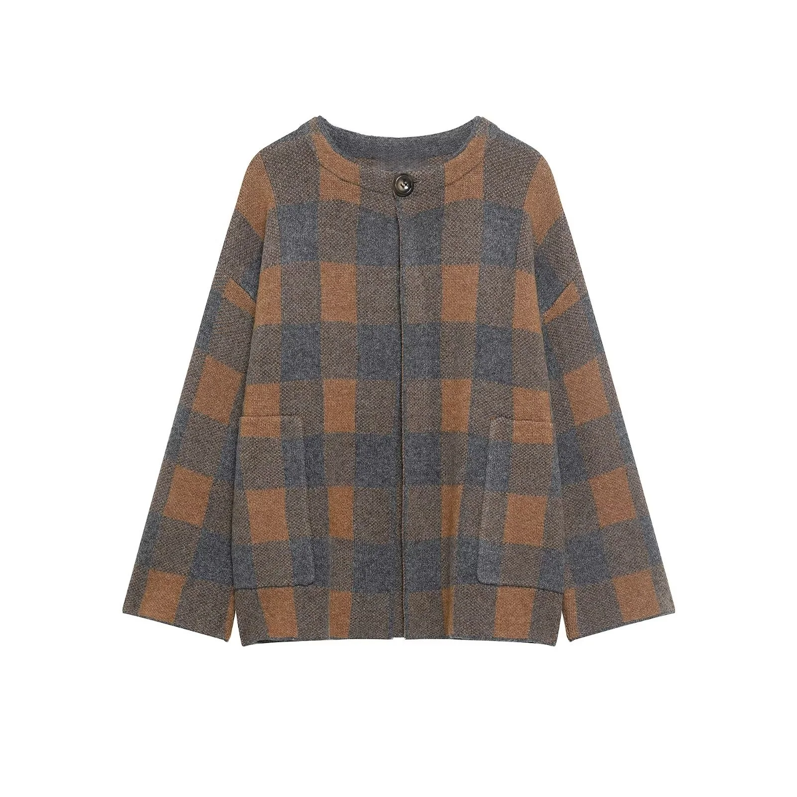 

2025 Winter New Women's Casual Fashionable Lazy Retro Round Neck Long Sleeve Plaid Knitted Cardigan Coat