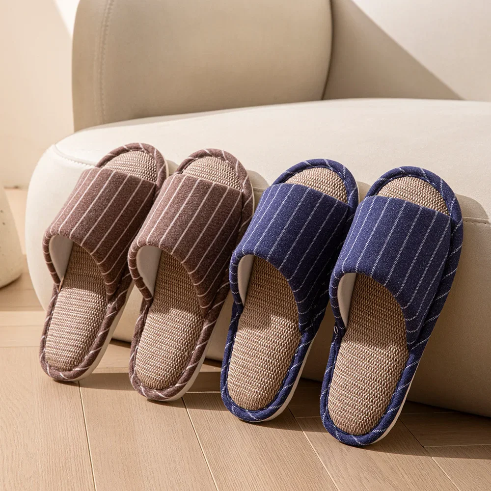 

Men Linen Slippers Fashion Striped Women Breathable Slides Comfortable Indoor Non-slip Couples Bedroom Flats Causal Soft Shoes