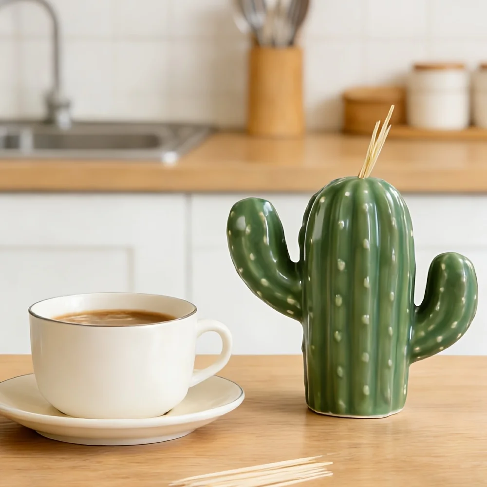 1pc Cute Cactus Toothpick Dispenser - Ceramic Green Cactus Toothpick Holder for Kitchen & Dining Table Decor view 4
