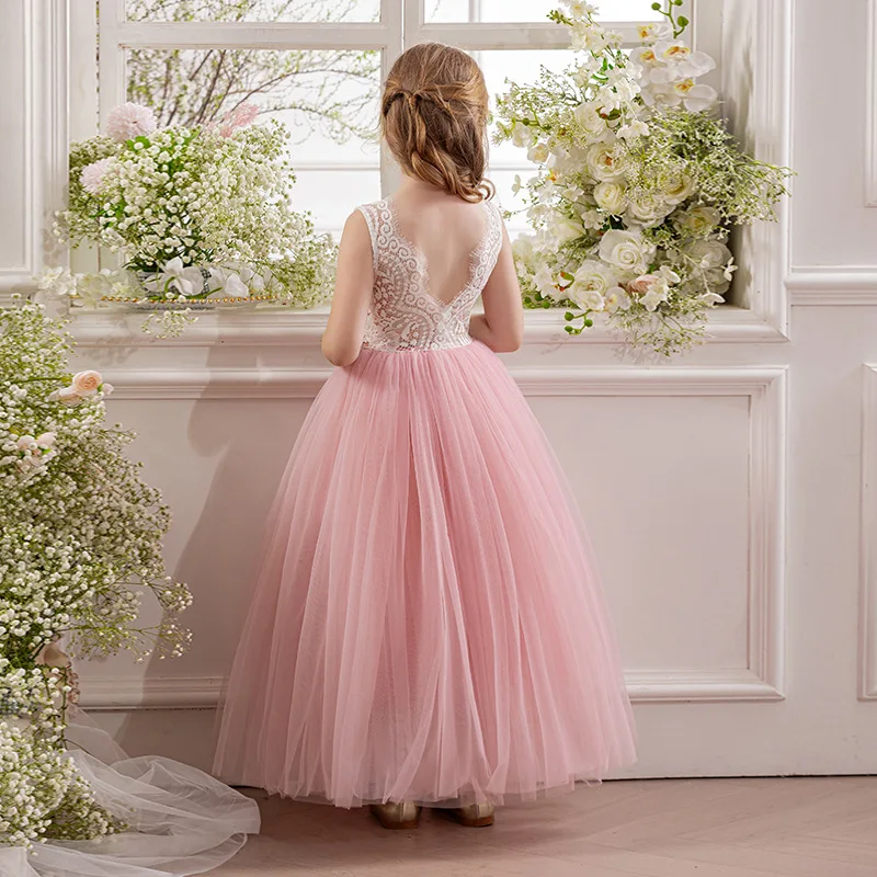 فستان الأميرة من التول المطرز بالدانتيل على شكل حرف V من الخلف للأطفال وحفلات أعياد الميلاد وحفلات الزفاف وحفلات التخرج الأولى