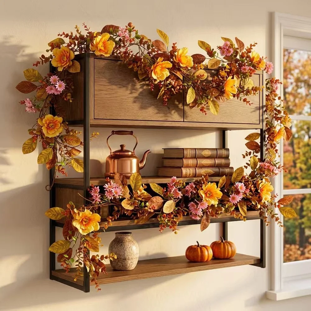 Floral Garland 175cm with Soft Silk Flowers and Waterproof Cloth Leaves for Mantel Table Centerpiece Harvest Festival Decor