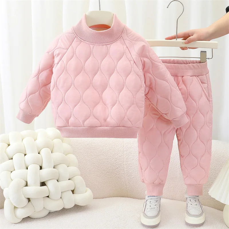 Kids Solid Warm Suits Children Outdoor Casual Thermal Thick Cmfortable Top+Pants 2Pc Outfits Boys Girls Daily Clothes Sets 1-8Y
