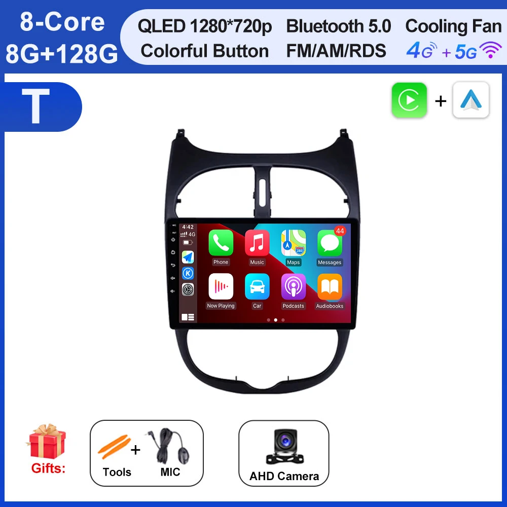 Autoradio Voor Peugeot 206 206SW 206CC 2000-2008 Android 16 Carplay Multimidia Video Player Draadloze Carplay Auto gereedschap Fan