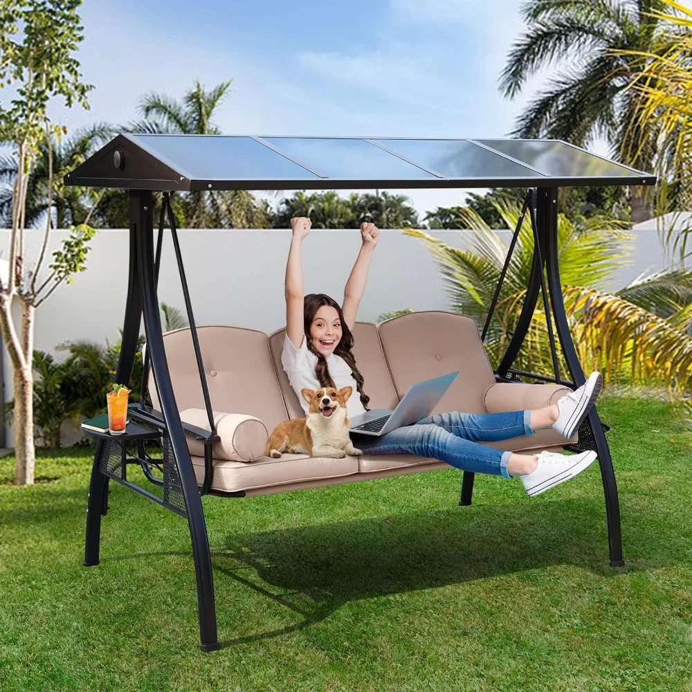 Outdoor Porch Swing with Polycarbonate Hardtop, 3 Seat Patio Swing with Convertible Backrest,Patio Swings