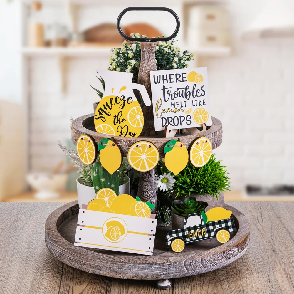 Fruit Cyclone Lemon Style Creative Wooden Sign Decoration Set Farmhouse Summer Desktop Layered Tray Decoration 1 Set