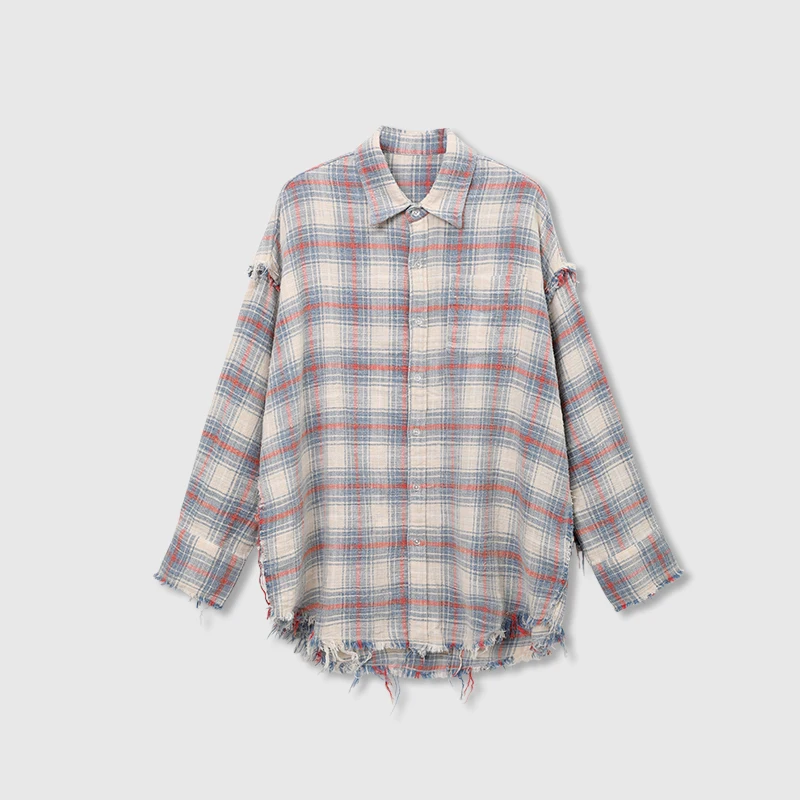 

Ayuko Street Aesthetic Quali Pure Cotton R3 Brued Color Woven Handmade Fringe Plaid irt Casual Sle Women's Long Sve