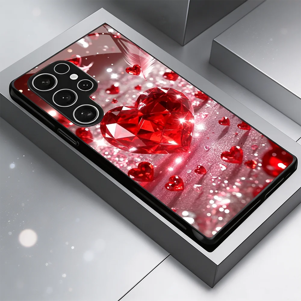 Red gemstone heart Black Tempered Glass TPU phone case for Samsung Galaxy S26/S25/S24/S23/S22/S21 FE Ultra Plus Shockproof