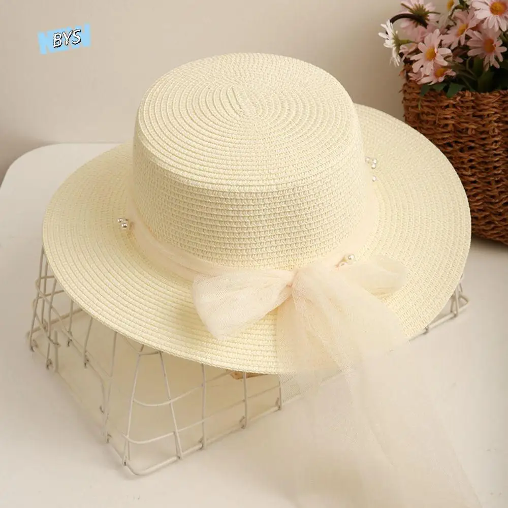 

Foldable Pastoral Style Summer Straw Hat Pearl Spring Summer Wide Brim Sun Hat Elegant Lace Ribbon UV Protection Cap Travel