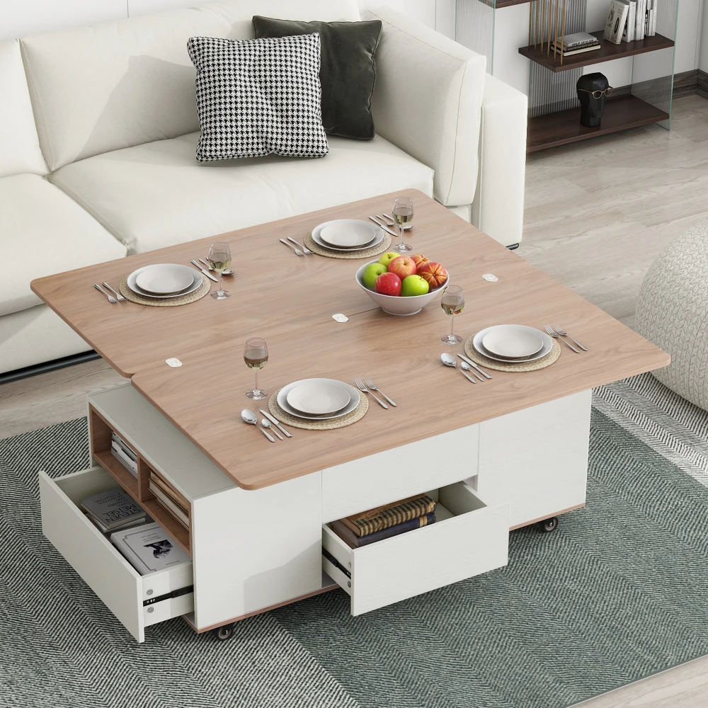 

Modern Walnut & White Lift Top Coffee Table Multifunctional Table with Drawers & Shelves Living Room Furniture