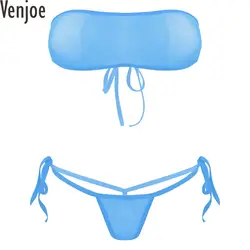 Mulheres Ver-Através de Malha Biquíni Conjunto, Swimwear, Beachwear, Sutiã Sem Alças, Top Colheita, Tubo Superior, Tanga, Fato De Banho, 2 Peça Maiô