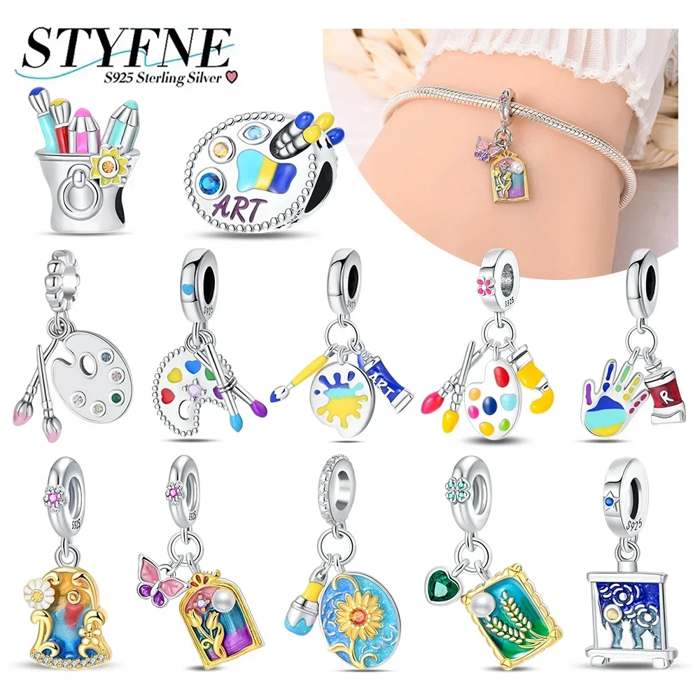 

Exquisite 925 Silver Color Artist Brush Tools Color Palette Oil Painting Charms Beads Fit Bracelets DIY Jewelry Birthday Gifts