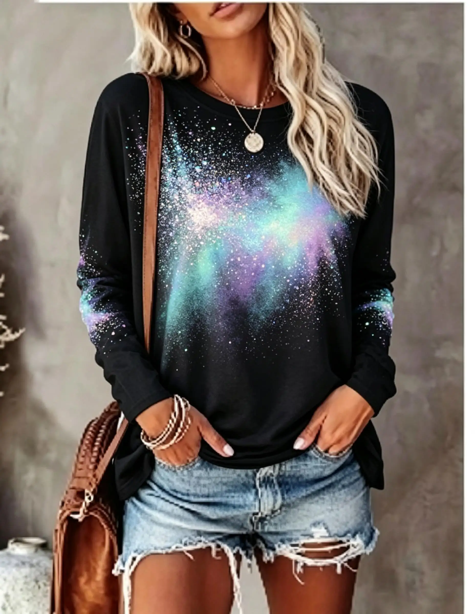 Women Long Sleeve T‑Shirt Art Splatter Paint Vintage Tie‑Dye Print Crew Neck Casual Fall Tops
