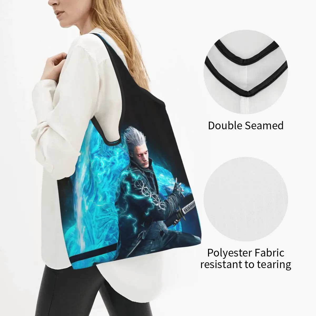 Vergil From The Devil May Cry Series Portable Tote Shopping Bags Reusable Shopper Bag Grocery Handbag Shoulder Bag