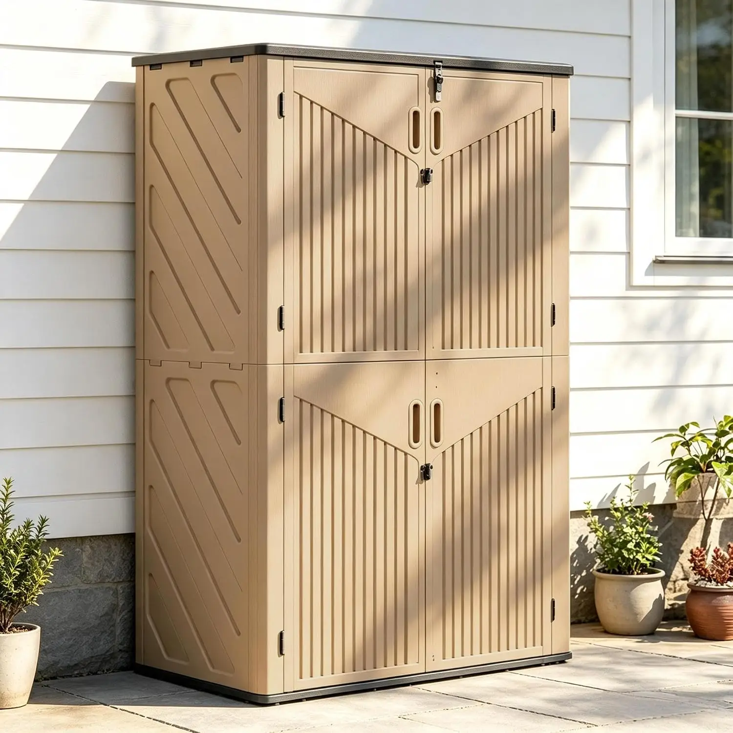 Large Waterproof Vertical Resin Shed for Garden Tools, Pool Equipment, Brown