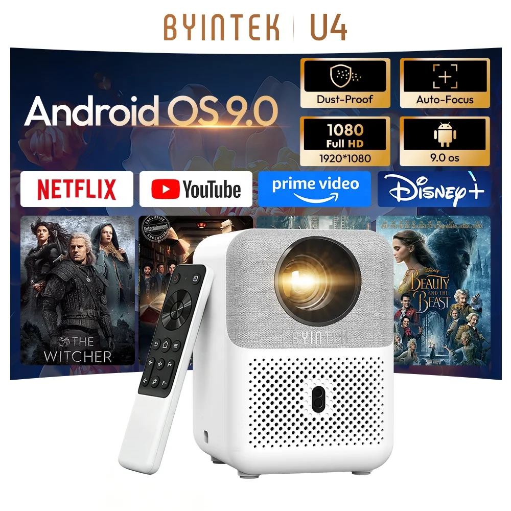 Smart Android BYINTEK LOVE U4 Projector Native 1080P 4K Support Fabric Art Dust-Proof Portable Home Theater Cinema Video Beamer