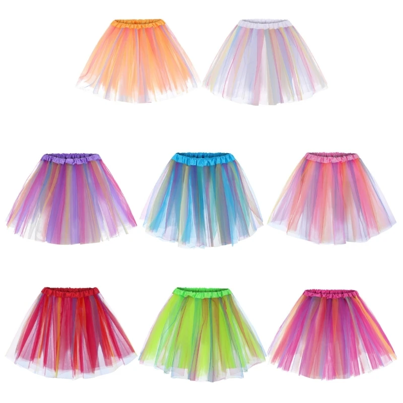 Jupe en tulle multicouche colorée pour femme, jupe mi-longue plissée élastique taille haute, jupe tutu arc-en-ciel pour filles, jupon longueur genou