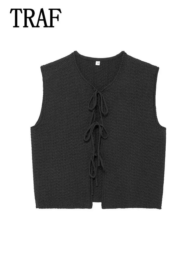 TRAF Women\'s Knitted Vest Top Fashion Solid O-Neck Sleeveless Lace-Up Top Female Vintage Streetwear Women\'s Clothing