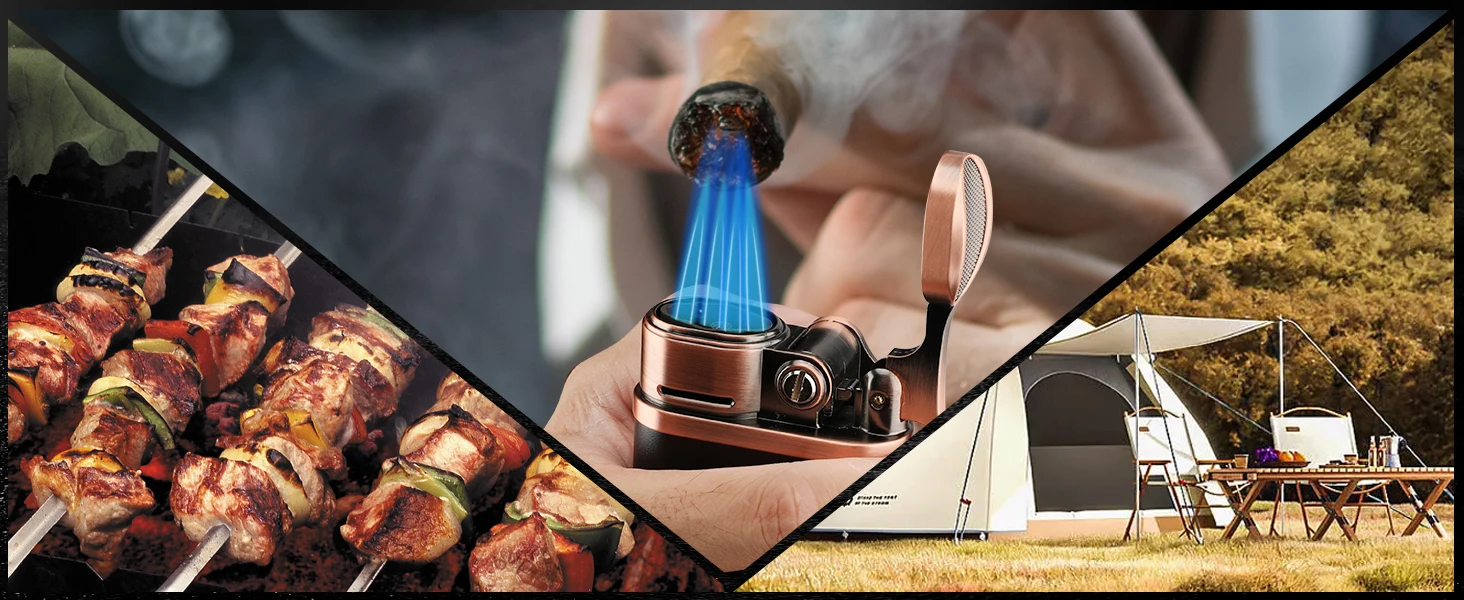 XIFEI Cigar Lighter 4 Jet Flame Torch Lighter with Cigar Holder, Windproof Rocker Arm Butane Lighter Adjustable Flame
