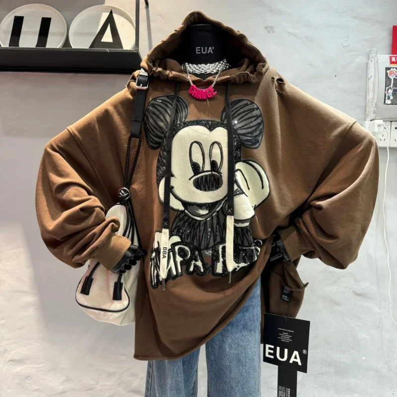 2024 New Hooded Sweatshirts Women\'s Autumn Korean Version Loose And Thin Beads Cartoon Printing Long-sleeved Hoodies Streetwear